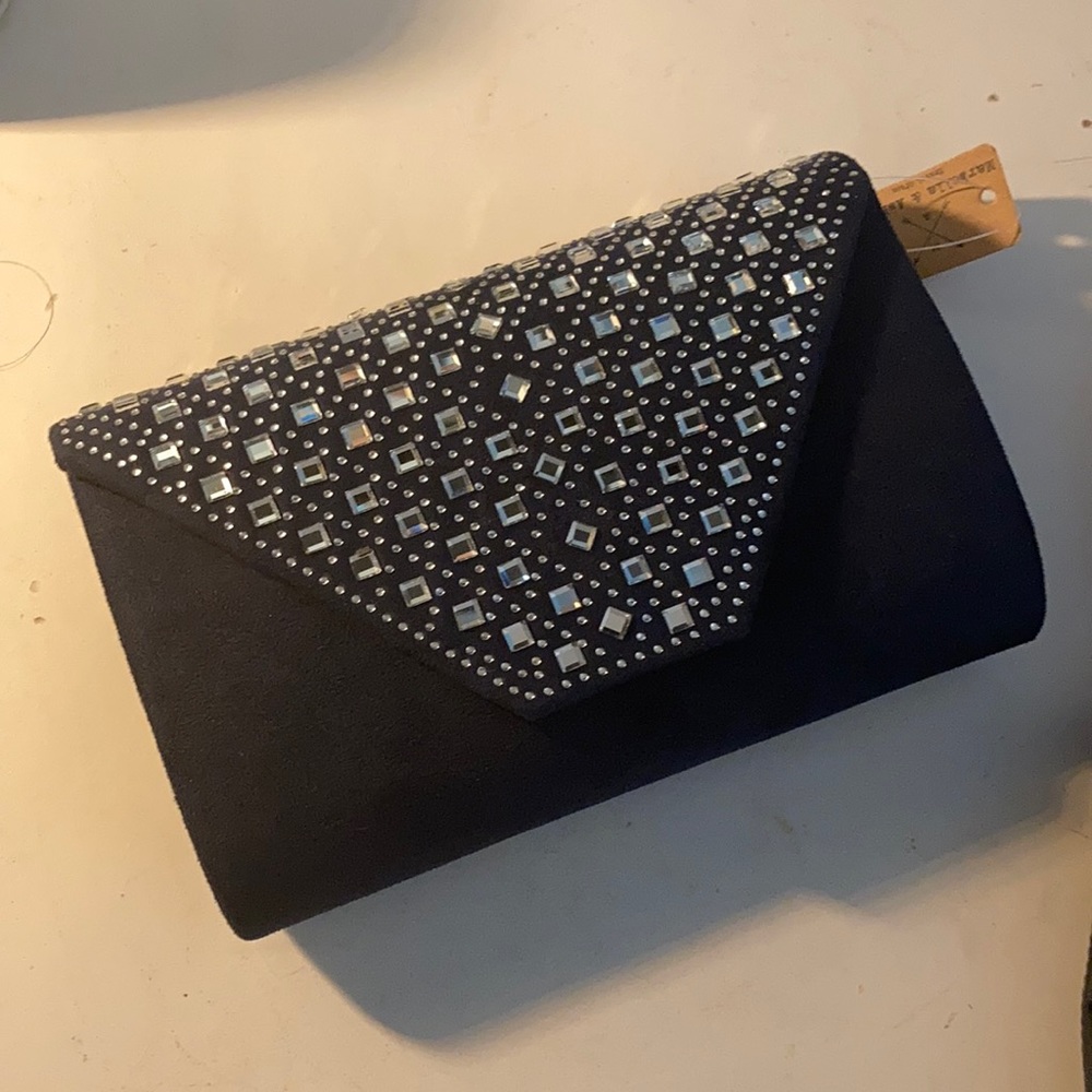 Blue clutch/shoulder bag with silver chain and silver detailing